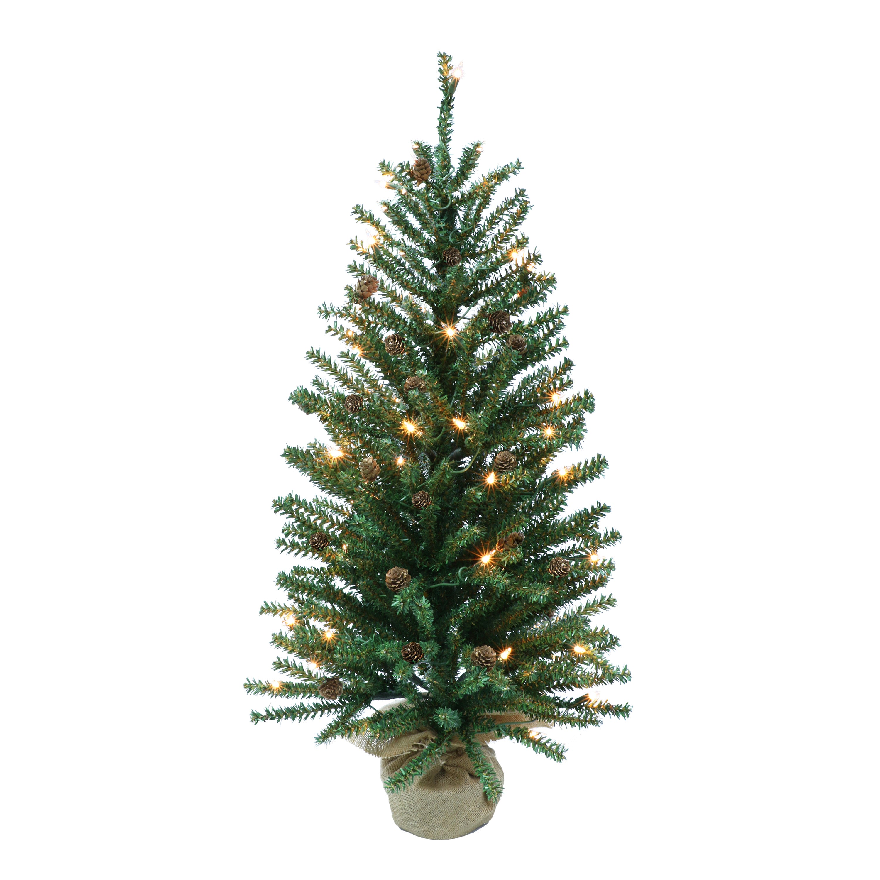 3 ft Pre-Lit Artificial Christmas Tree with Pinecones and 50 UL Clear Lights Burlap Sac Green 1835-ST30C05A